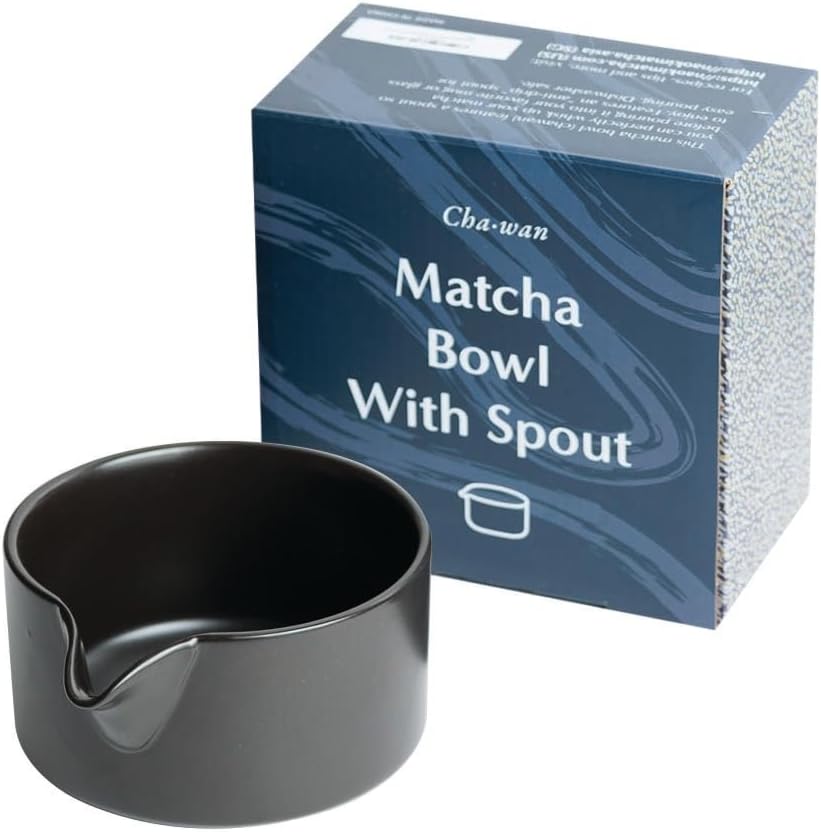 Naoki Matcha Traditional Ceramic Chawan Matcha Tea Bowl with Pour Spout Set | Hand Made, Black Matte Glaze, 18 Ounce, For Perfectly Whisked Matcha Green Tea