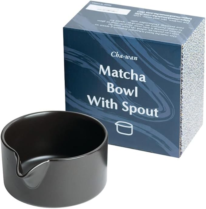 Naoki Matcha Traditional Ceramic Chawan Matcha Tea Bowl with Pour Spout Set - Hand Made Ceramic with Black Matte Glaze