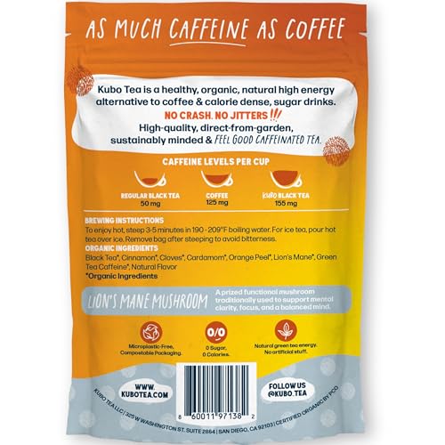 Kubo Lion’s Mane Chai Tea Bags | Organic High Caffeine (155mg) Black Tea + Lion’s Mane Mushroom | 20 Pyramid Count | Caffeinated Tea for Calm Focus & Mind Support | Healthy Coffee Alternative, Calorie Free