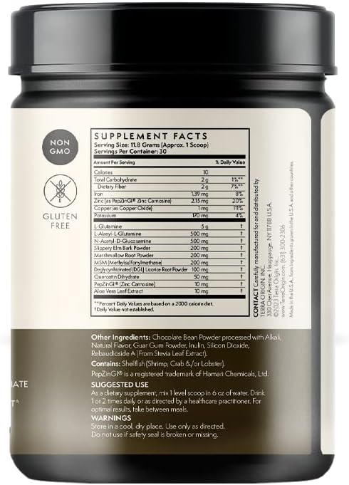Terra Origin Healthy Gut Chocolate, 30-Servings with L-Glutamine, Zinc, Glucosamine, Slippery Elm Bark, Marshmallow Root and More!