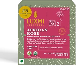 Luxmi Estates African Rose Organic Hibiscus Rose Tea (25 Tea Bags) Caffeine Free Tea Bags For Detox, Cleansing, and Digestion, With Certified Organic Herbal Tea | Direct From Source - Plant Based Biodegradable Tea Bags