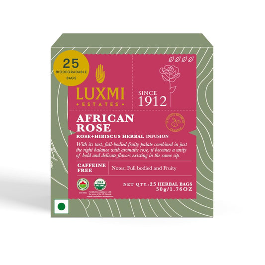 Luxmi Estates African Rose Organic Hibiscus Rose Tea (25 Tea Bags) Caffeine Free Tea Bags For Detox, Cleansing, and Digestion, With Certified Organic Herbal Tea | Direct From Source - Plant Based Biodegradable Tea Bags