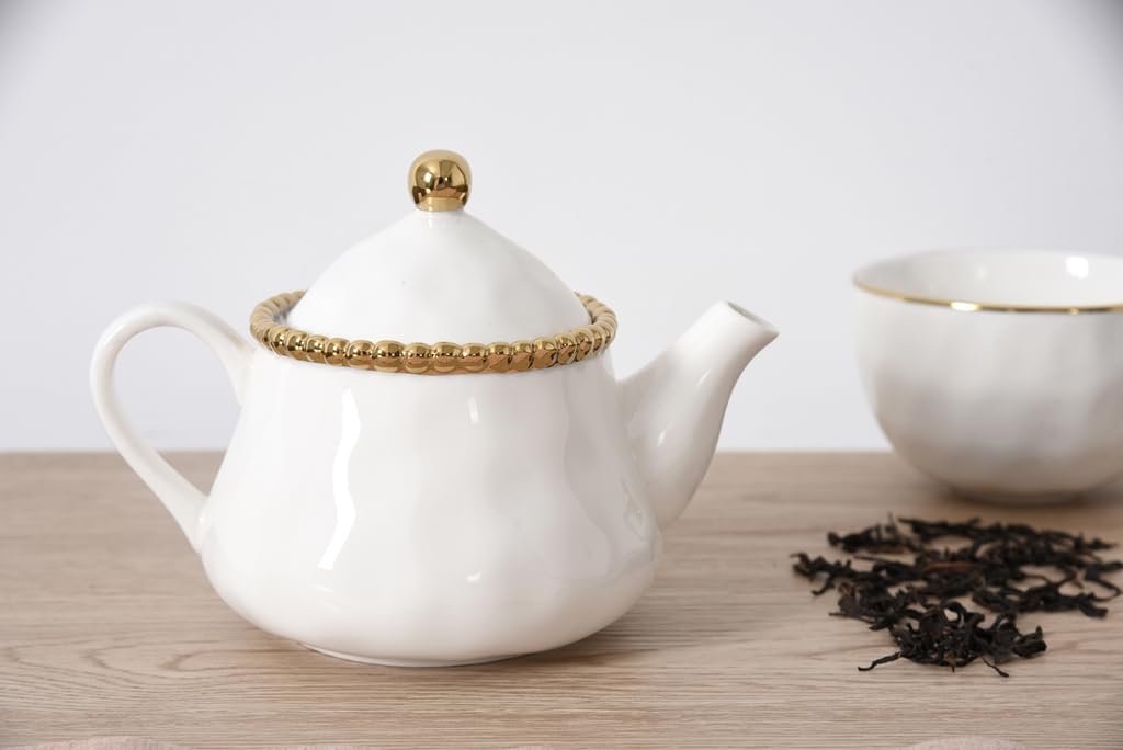 Pampa Bay Salerno Tea Pot with Cover, 16 oz, 6.75 x 4.75 x 5.75 Inches, White with Silver Beading