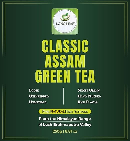 CLASSIC ASSAM GREEN TEA, Green Tea, Loose Leaf (250g/8.81oz)/125 Cups | Non-GMO, 100% Pure, all Natural Green Tea Leaves Sourced from Lush Brahmaputra Valley in the Himalayan Foothills, Assam, India | Resealable and Recyclable Ziplock Pouch