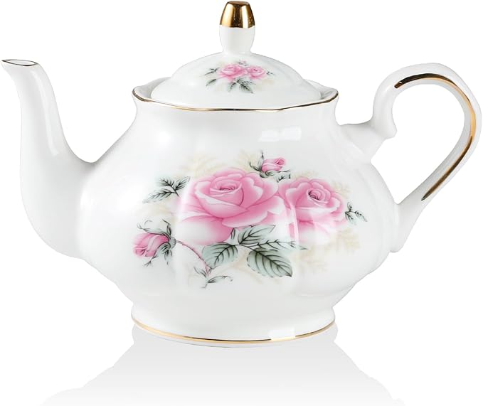 Sweejar Ceramic Teapot with Infuser, Floral Relief Gold Rimmed Teapot, 29 OZ Porcelain Tea Pot for B