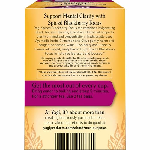 Yogi Spiced Blackberry Focus Tea, Vegan Friendly, Kosher, USDA Certified Organic, Non-GMO, 16 Tea Bags (Pack of 6)