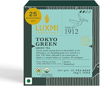 Luxmi Estates Tokyo Green Organic Green Tea (25 Tea Bags) Tea Bags For Relaxing, Calming, and Stress Relief, With Certified Organic Darjeeling Makaibari Green Tea