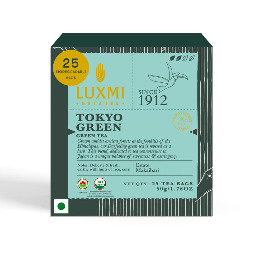 Luxmi Estates Tokyo Green Organic Green Tea (25 Tea Bags) Tea Bags For Relaxing, Calming, and Stress Relief, With Certified Organic Darjeeling Makaibari Green Tea