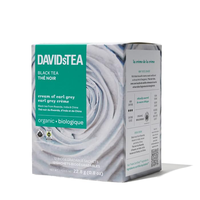 DAVIDsTEA Organic Cream of Earl Grey – High Caffeine Black Tea with Bergamot & Natural Vanilla – 12 Count – Smooth, Citrusy & Rich Breakfast Blend with a Comforting Creamy Twist