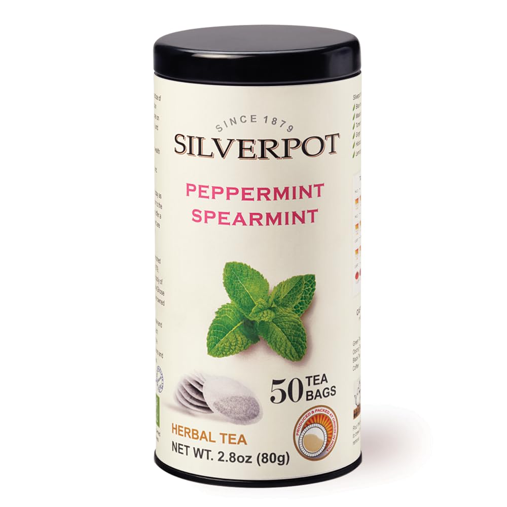 Silverpot Peppermint &amp; Spearmint Tea Bags, 50 Count, Mint Herbal Tea, Refreshing &amp; Relaxing, Peppermint Tea, Spearmint Tea, Mint Leaves, Hot or Iced, Caffeine Free, 100% Natural