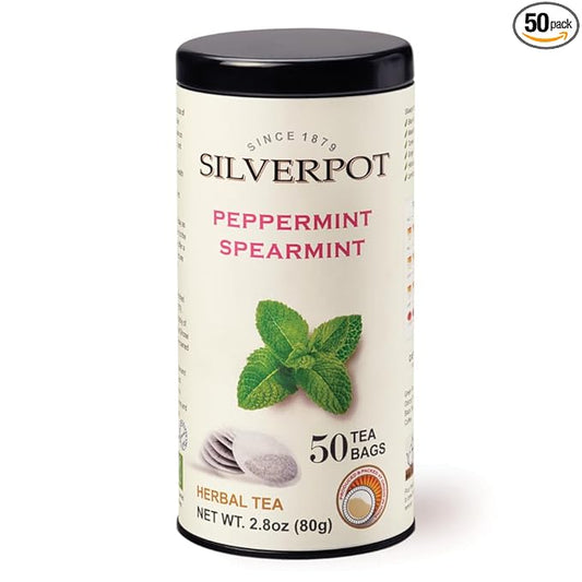 Silverpot Peppermint & Spearmint Tea Bags - 50 Round Bags, Natural, Refreshing Mint, Caffeine Free, Herbal, Reusable Tin