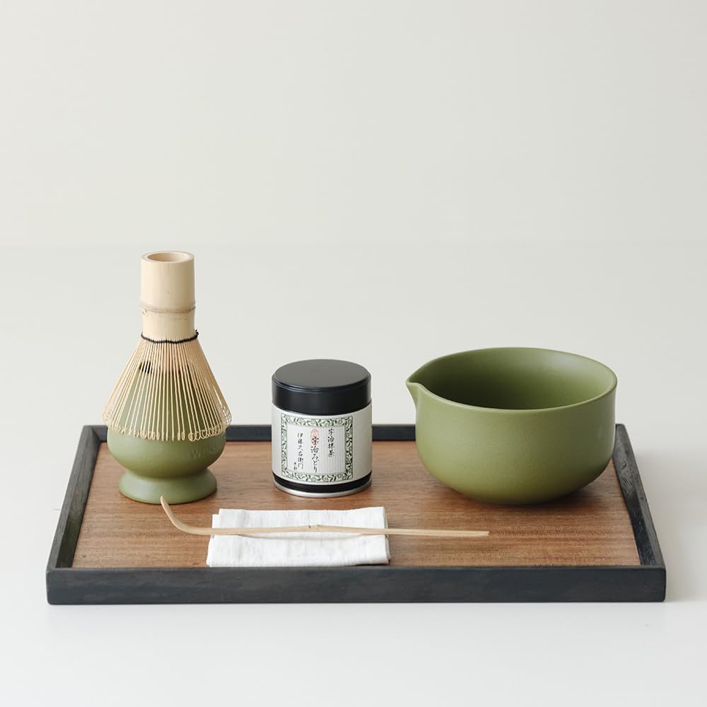 WENSHUO Matcha Whisk Set, Ceramic Matcha Bowl with Spout, Green,5-Pc | Matcha kit includes 14 oz bowl, 100-prong bamboo whisk, holder, and scoop.Low walls and wide bowl make whisking easy
