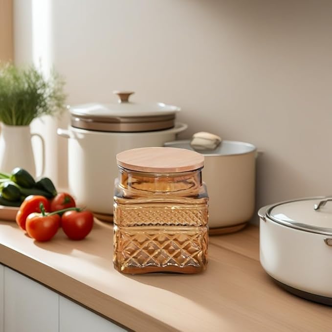 ANSQU Square Glass Jar, 20.3 Fl oz Candy Jar with Lid, Glass Food Storage Containers for Ground Coffee, Tea, Sugar, Decorative Mason Jar