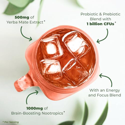 Yerba Mate Instant Tea Powder - 3-In-1 Super Drink - Clean Energy - Formulated With Nootropics To Boost Focus & Clarity - With Prebiotics & Probiotics To Boost Gut Health | Peach Pomelo - 30 Servings