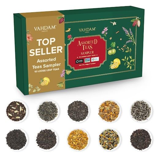 VAHDAM Top 10 Favourites Tea Sampler Set, Loose Leaf Tea (50+ Cups), Tea Variety Pack with Green, Herbal, Black & Chai Brew