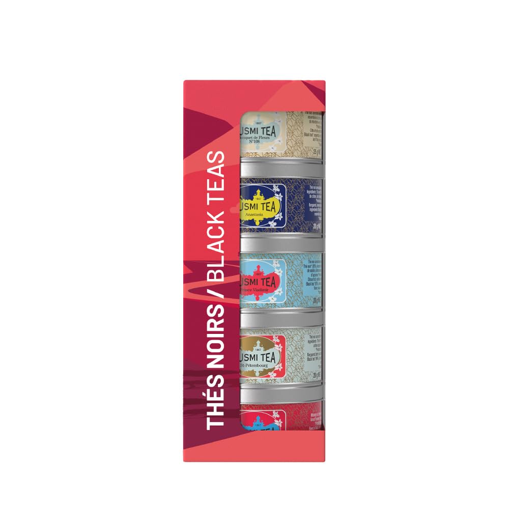 Kusmi Tea - Organic Black Tea Variety Box - Gift Idea for Men and Women - Flavoured Black Tea, Earl Grey, Ceylon - A Selection of 5 Iconic Flavors - Loose Leaf Tea - 5 Tins of 0,9 oz