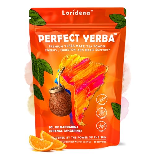 Perfect Yerba - Yerba Mate Tea Powder Instant Drink with Nootropics, Probiotics & Enzymes - Clean Energy, Focus, Gut Support - 100mg Natural Caffeine, No Sugar - Mango Peach, 30 servings