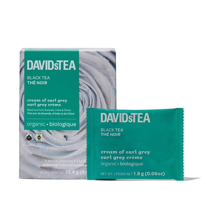 DAVIDsTEA Organic Cream of Earl Grey – High Caffeine Black Tea with Bergamot & Natural Vanilla – 12 Count – Smooth, Citrusy & Rich Breakfast Blend with a Comforting Creamy Twist