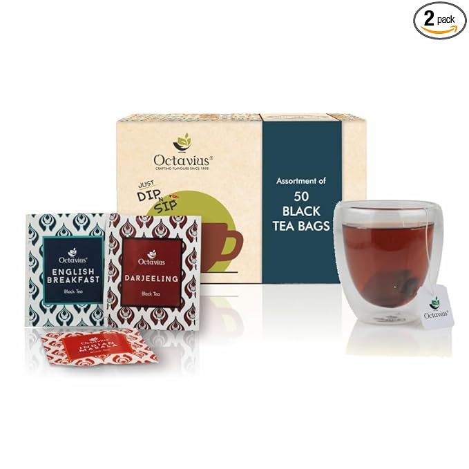 Octavius Assorted Black Tea Sampler Pack | 3 Flavours | 50 Tea Bags x 2 Packs | Premium Indian Teas – Darjeeling, English Breakfast, Indian Masala Chai