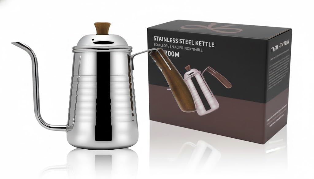 TEEM Small & Elegant Stainless Steel Gooseneck Kettle with Wooden Handle and Gift Box – 700ml (24oz) Pour Over Coffee & Tea