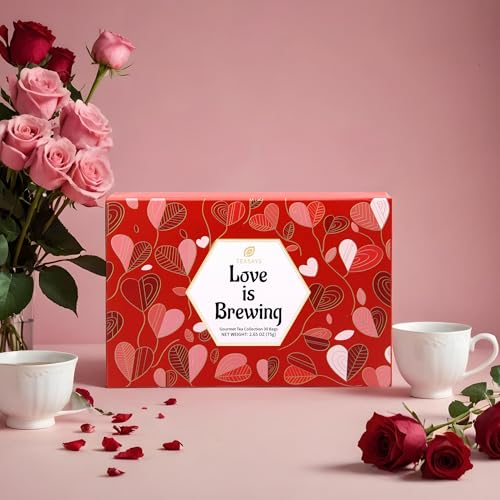 Valentine's Day Tea Gift, Love Is Brewing Tea Sampler by TEASAYS, Premium Whole Leaf Tea Bags with Love Messages, Romantic Gift for Her, Him, Girlfriend, Boyfriend, Wife, Husband, Partner