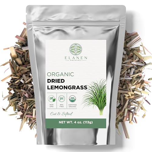 Elanen Naturals Organic Dried Lemongrass Tea 4 oz. (113g), USDA Certified Organic Lemon Grass Herb Leaf, Lemin Fever Grass, Te De Limon, Lemingrass Loose Leaves, Dried Lemongrass Bulk, Cut & Sifted