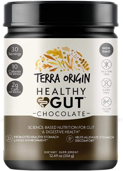 Terra Origin Healthy Gut Chocolate, 30-Servings with L-Glutamine, Zinc, Glucosamine, Slippery Elm Bark, Marshmallow Root and More!