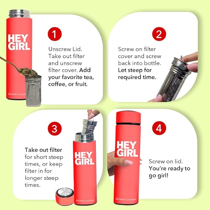Hey Girl Tea Infuser Bottle 450ml - Insulated Stainless Steel Water Bottle - Tea Tumbler with Tea Diffuser
