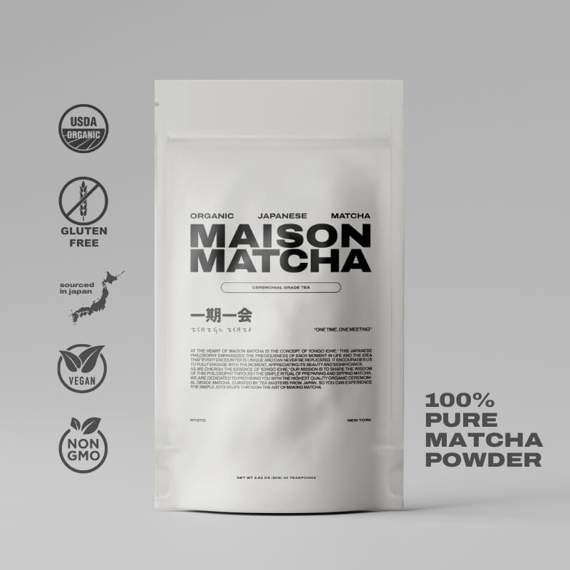 MAISON MATCHA Organic Ceremonial Grade Matcha Green Tea Powder – Authentic Japanese First Harvest, Sugar Free, For Traditional Tea &amp; Everyday Matcha Latte Powder (80g, 2.82oz Abundance Pouch)
