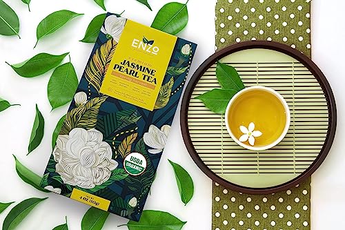 Organic Jasmine Green Tea Pearls - 4oz 113g - Dragon Pearl Tea by Enzo - Experience Soothing Scent of Jasmine Mellows Awaking Caffiene of Green Tea Pearl (Jasmine)