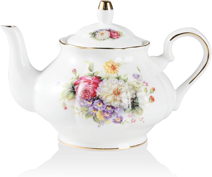 Sweejar Ceramic Teapot with Infuser, Floral Relief Gold Rimmed Teapot, 29 OZ Porcelain Tea Pot for B