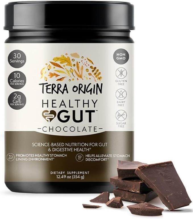 Terra Origin Healthy Gut Chocolate, 30-Servings with L-Glutamine, Zinc, Glucosamine, Slippery Elm Bark, Marshmallow Root and More!