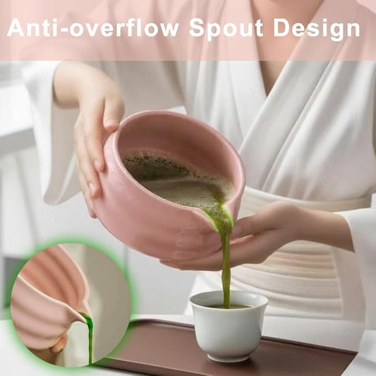 Cute Pink Matcha Whisk Set of 5 for Matcha Tea,Matcha Powder Kit（Bowl with Spout+bamboo Whisk and Holder+Strainer+Scoop）for Macha Starter Making