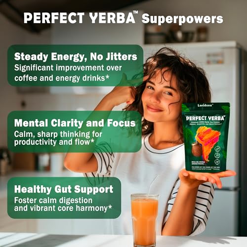Perfect Yerba - Yerba Mate Tea Powder Instant Drink with Nootropics, Probiotics & Enzymes - Clean Energy, Focus, Gut Support - 100mg Natural Caffeine, No Sugar - Mango Peach, 30 servings