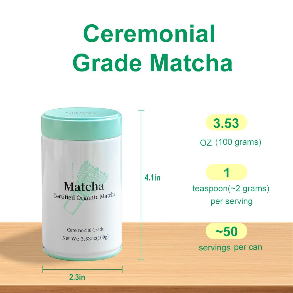 MatchAdmire Ceremonial Grade Matcha Powder, Organic Green Tea Powder, Rich Flavor,100% Vegan with No Fillers, Radiation-Free, 3.53oz Tin