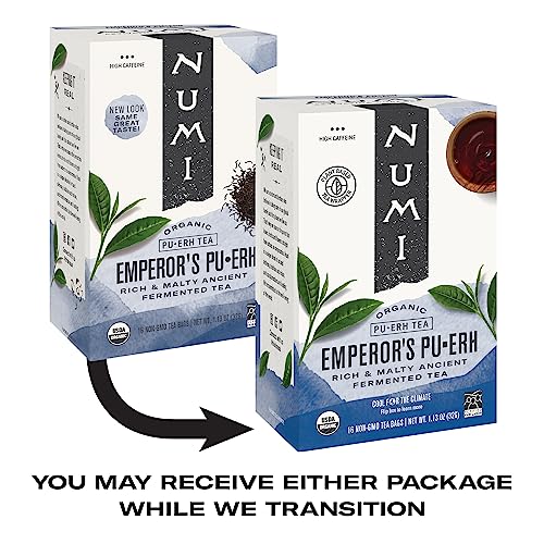 Numi Organic Emperor's Pu-erh Tea, 16 Dark Tea Bags, Aged Fermented Yunnan Black Tea, Caffeinated