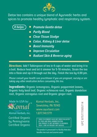 AyurBest Detox Herbal Tea USDA Certified Organic, Net Wt. 4 oz (114g), Loose Tea with Raw Dandelion, Echinacea & Tulsi