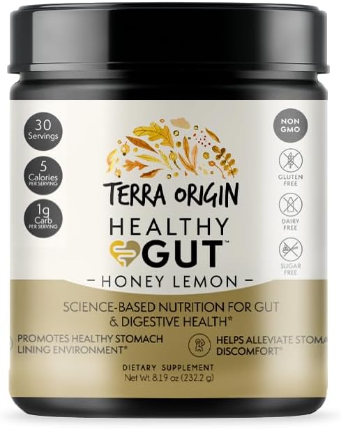 Terra Origin Healthy Gut Powder (Honey Lemon), 30-Servings with L-Glutamine, Zinc, Glucosamine, Slippery Elm Bark and More!