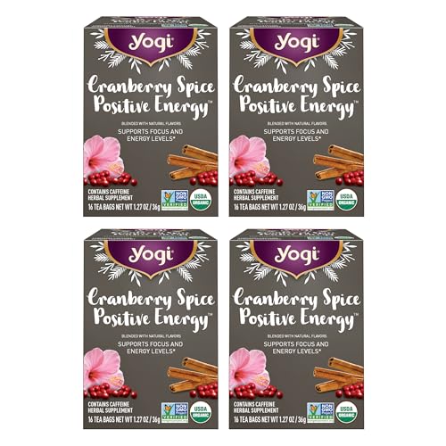 Yogi Tea Cranberry Spice Positive Energy - Organic Puerh Tea - Supports Focus & Energy - Caffeinated - Includes Cinnamon, Ginger & More - 16 Tea Bags Per Pack (4 Packs)