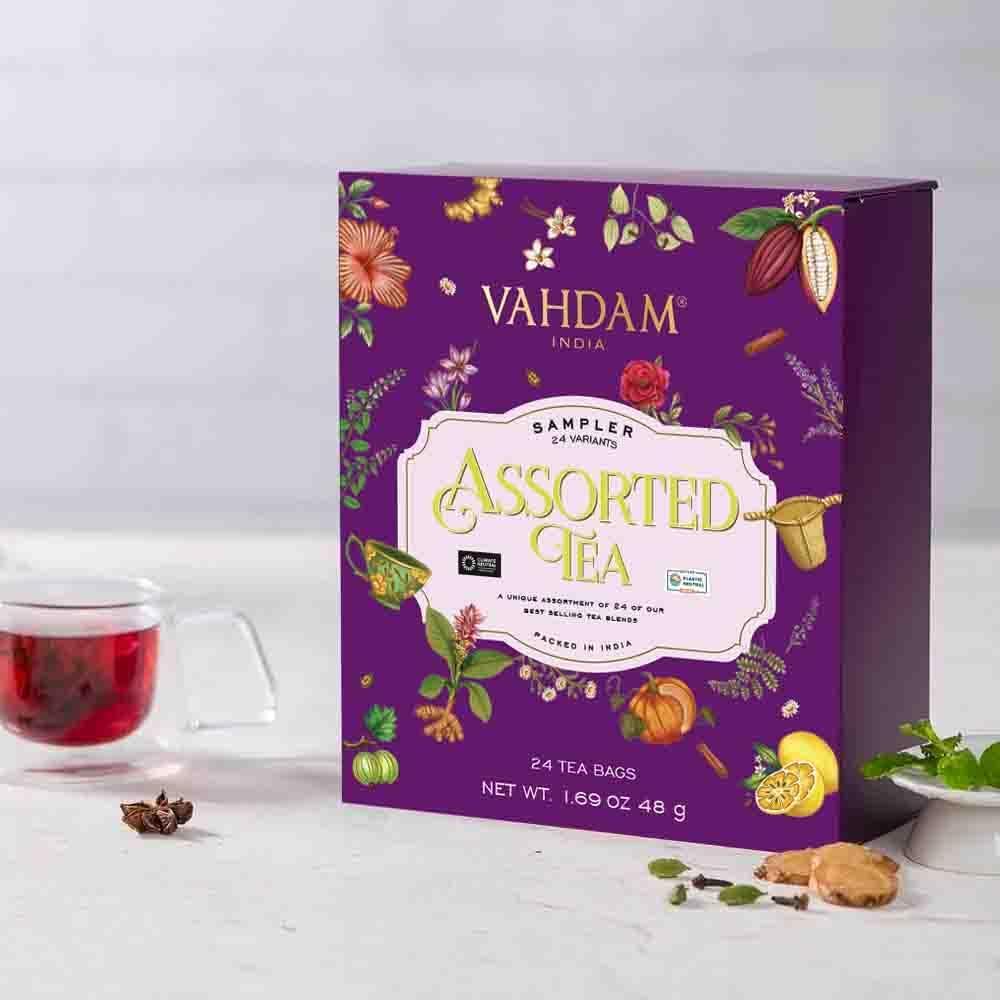 VAHDAM, Assorted Tea in Presentation Box (24 Variants, 24 Pyramid Tea Bags) Long Leaf Pyramid Variety Pack | Premium Tea Gifts | Gifts for Women & Men