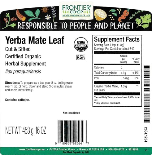 Frontier Herb Bulk Yerba Mate Leaf Organic Cut and Sifted, 1 Pound