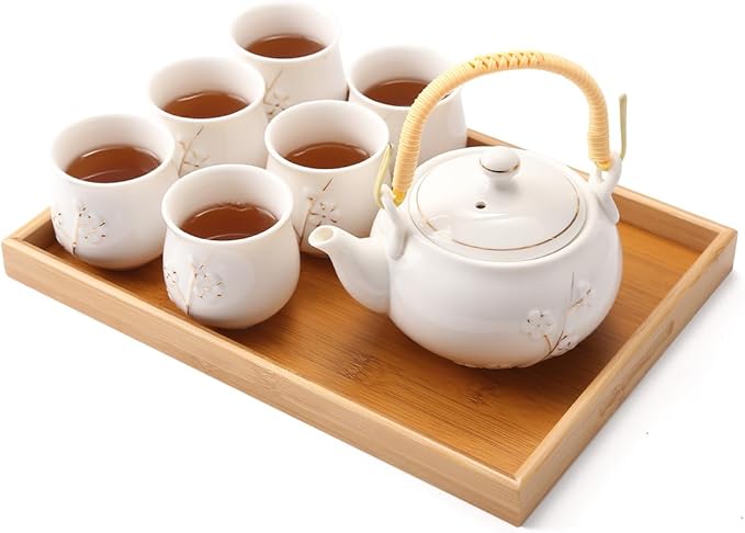 Dujust Japanese Tea Set, White Porcelain Tea Set with 1 Teapot Set, 6 Tea Cups, 1 Tea Tray, 1 Stainl