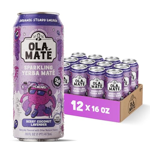 Yerba Mate Energy Drink - Low Sugar Sparkling Tea Cans Variety Pack with Ashwagandha, Lion’s Mane, USDA Organic Clean Energy Drink with 150mg Natural Caffeine, Ola Maté