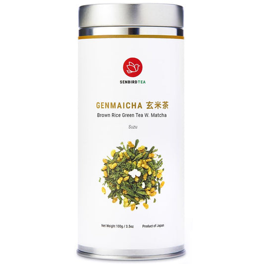 Senbird Loose Brown Rice Green Tea with Matcha - Genmaicha Suzu (3.5oz) | Kyoto sencha blended with roasted rice and mat