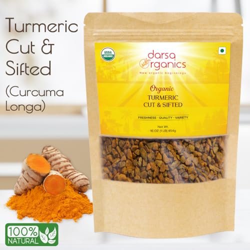 Darsa Organics Turmeric Root (Cut & Sifted) 16 oz, Premium Grade USDA Organic Curcuma longa, Great for Teas, Smoothies, Pickling & Golden Milk, Non-GMO, Gluten-Free, Vegan, Kosher