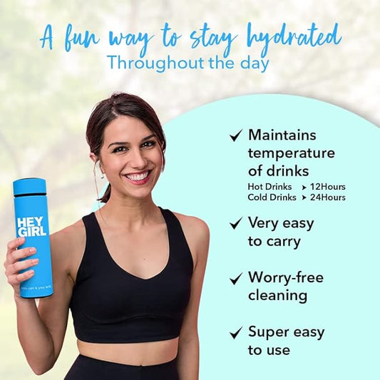 Hey Girl Tea Infuser Bottle 450ml - Insulated Stainless Steel Water Bottle - Tea Tumbler with Tea Diffuser - Portable Travel Mug for Loose Leaf Tea & Infused Water - Tea Lovers Gifts for Women