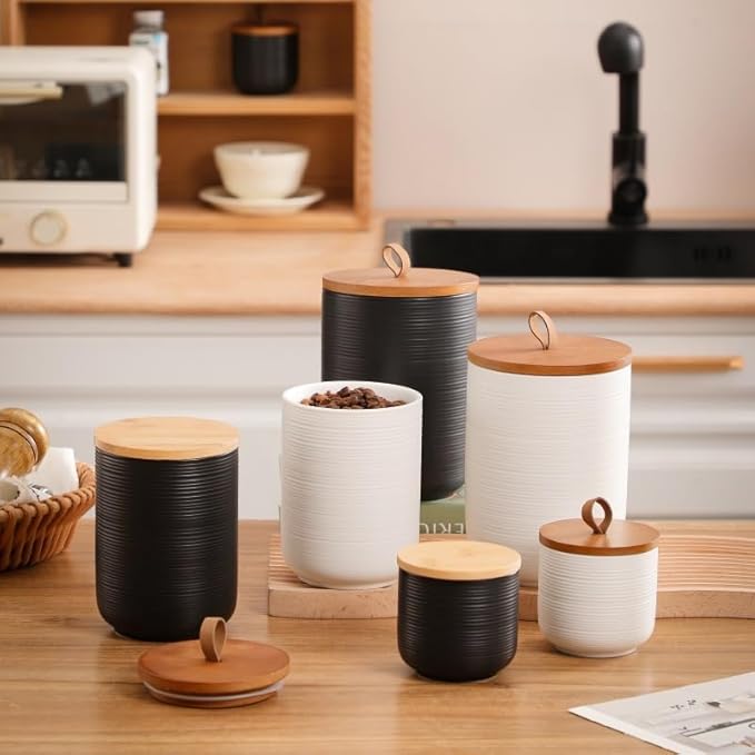 Comeon Ceramics Canister with Lid, Matcha Container Jar for Spice Sugar Tea Bag Coffee Canister Sets for Kitchen Counter with Bamboo Lid (Black)