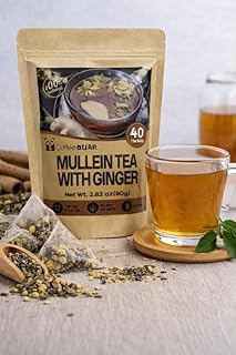 Mullein Tea with Ginger – 40 Tea Bags (2.82 oz) – Herbal Tea Blend for Lung & Respiratory Support – Caffeine-Free Natural Detox & Soothing Tea – Smooth Earthy Flavor