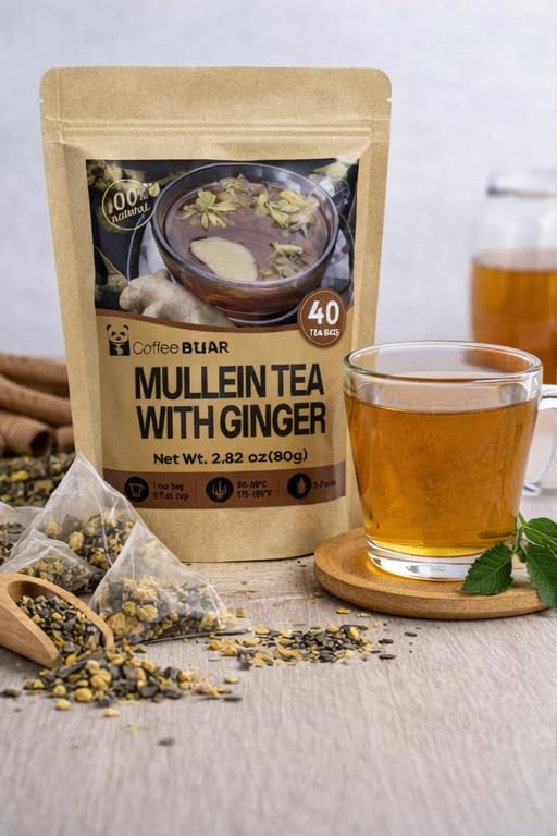 Mullein Tea with Ginger – 40 Tea Bags (2.82 oz) – Herbal Tea Blend for Lung & Respiratory Support – Caffeine-Free Natural Detox & Soothing Tea – Smooth Earthy Flavor