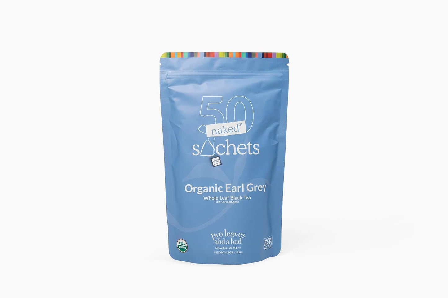 Two Leaves and a Bud Organic Earl Grey Naked Tea Sachets, 50 Ct (Pack of 1) | Whole Leaf Black Tea in Unwrapped Pyramid Sachets, Resealable Bag